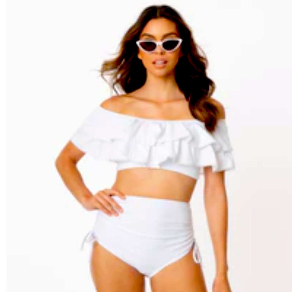 Unique vintage swim top ruffled, XS, off white